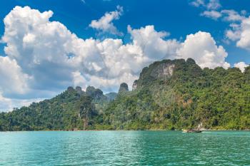 Beautiful nature at Cheow Lan lake, Ratchaprapha Dam, Khao Sok National Park in Thailand in a summer day