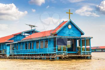 Floating Church in Chong Khneas floating village near Siem Reap, Cambodia in a summer day