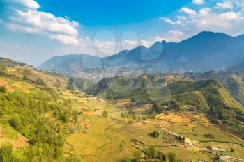 Panoramic view of Terraced rice field in Sapa, Lao Cai, Vietnam in a summer day