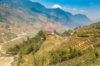 Panoramic view of Terraced rice field in Sapa, Lao Cai, Vietnam in a summer day