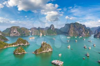 Panoramic aerial view of Halong bay, Vietnam in a summer day