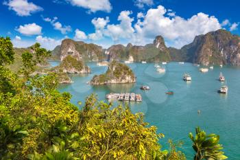 Panoramic aerial view of Halong bay, Vietnam in a summer day