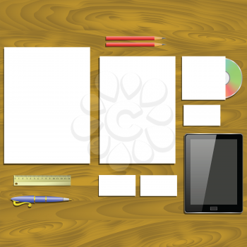 colorful illustration with  office supplies on a wood background for your design