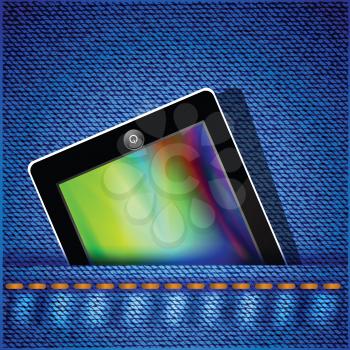 colorful illustration with tablet computer on jeans background for your design