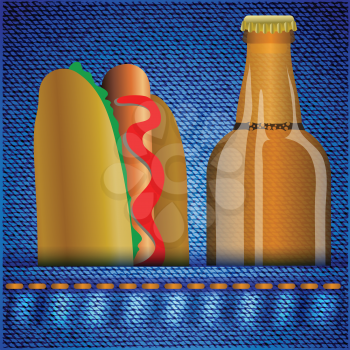 colorful illustration with hot dog and beer on a jeans background for your design
