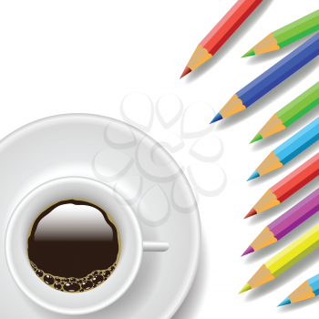 colorful illustration with coffee cup and pencils on a white background