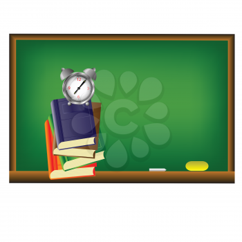 colorful illustration with  green school board and books  on a white background