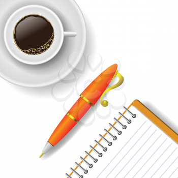 colorful illustration with  cup of coffee and pen on a white background