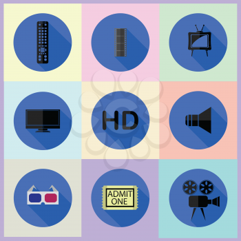 colorful illustration with set of media flat icons