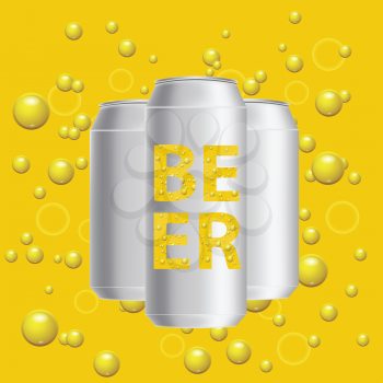 colorful illustration with beer cans on a yellow bubbles  background