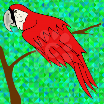 Big Red Parrot Sitting on a Branch on Green Polygonal Background.