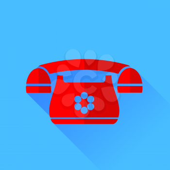 Old Red Phone Isolated on Blue Background. Long Shadow.