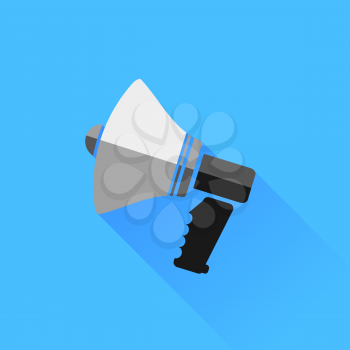 Megaphone Isolated on Blue Background. Long Shadow.