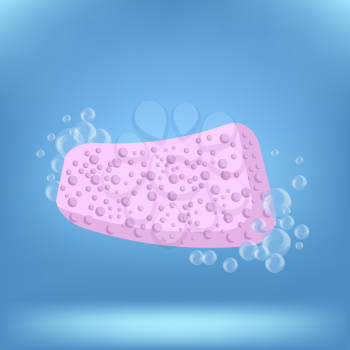 Pink Sponge With Foam Bubbles on Blue Background 
