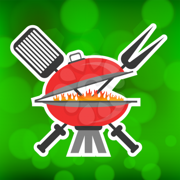 Barbeque Icon on Summer Green Blurred Background.