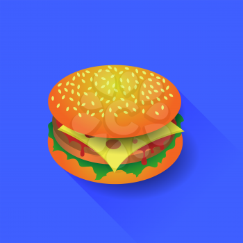 Fresh Hamburger Isolated on Blue Background. Long Shadow