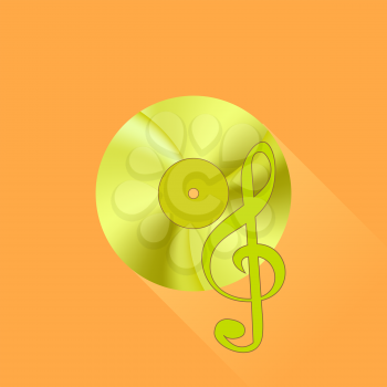 Gold Disc and Treble Clef on Orange Background. Long Shadow