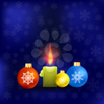 Candle and Colorful Glass Balls Isolated on Blue Snowflakes Background. Winter Pattern.