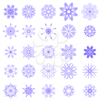 Set of Different Blue Snowflakes Isolated on White Background.