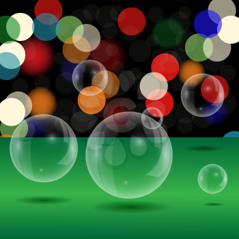 Soap Bubbles on Blurred Lights Background. Green Table and Transparent Bubbles