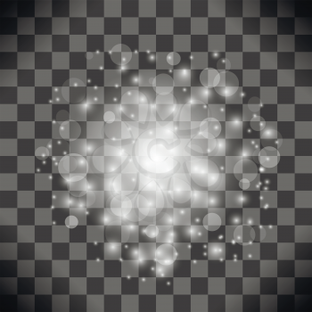 Explosive with Spark. Glow Star Burst Light Effect. Sparkles Light  Transparent Checkered Background.
