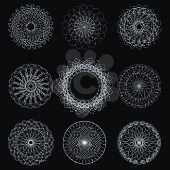 Set of Circle Geometric Ornaments Isolated on Black Background