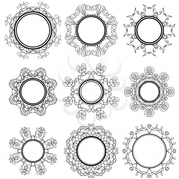 Set of Circle Geometric Ornaments Isolated on White Background. Monochrome Elegant Mandala. Vintage Set of Outline Oriental Emblems and Badges