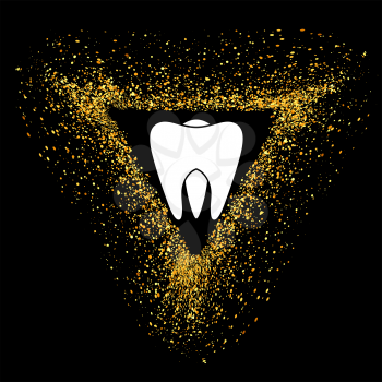 Tooth Logo on Gold Parts Triangle Frame. Tooth Emblem. Tooth Icon on Blackbackground.
