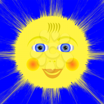 Smiling Yellow Sun Icon Isolated on Blue Background.