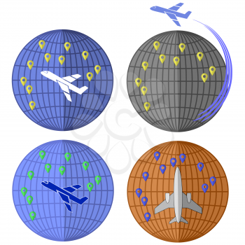 Set of Airplane Icons Isolated on White Background. Around the World Travelling by Plane. Summer Vacation.