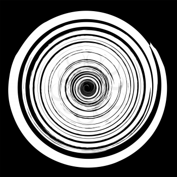Grunge Round Pattern Isolated on Black Background. White Spiral Splatter