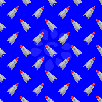 Space Rocket Flying on Blue Sky Background. Seamless Pattern