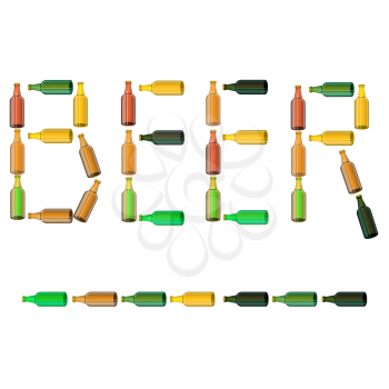Green Brown Glass Beer Bottles Isolated on White Background.