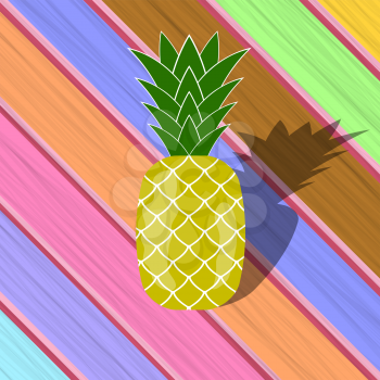 Fresh Ripe Pineapple  on Colorful Wood Diagonal Planks. Tropical Fruit Background.