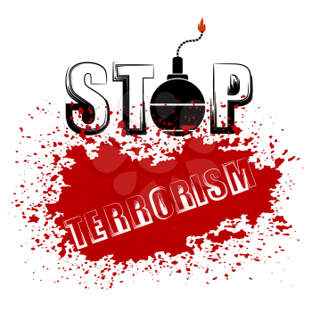 Bomb Icon on Red Grunge Background. Stop Terrorism Banner.