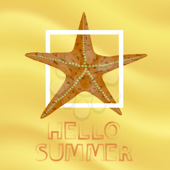 Orange Starfish and White Frame on Yellow Sand Beach Background. Hello Summer Positive Banner
