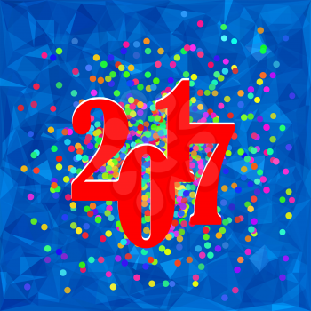 Colorful Confetti Christmas Banner. 2017 New Year Poster on Blue Polygonal Crystal Winter Background