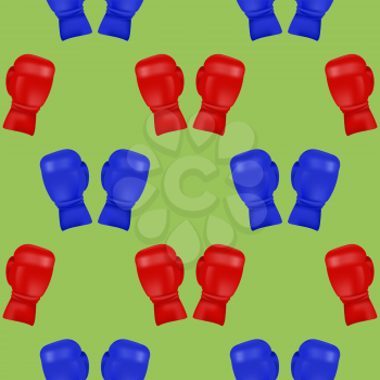 Red Blue Boxing Gloves Seamless Pattern Isolated on Green Background.