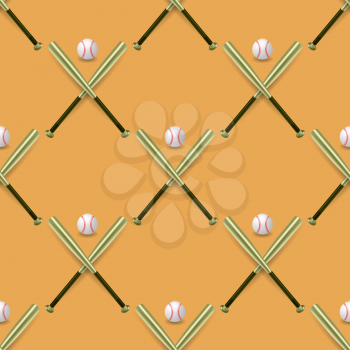 Baseball Sport Inventory Seamless Pattern Isolated on Orange Background. Metal Bat and Leather Ball Texture