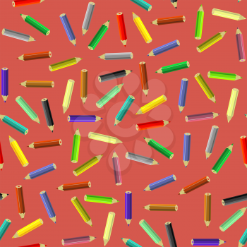 Colorful Pencils Isolated on Red Background. Colored Pen Seamless Pattern