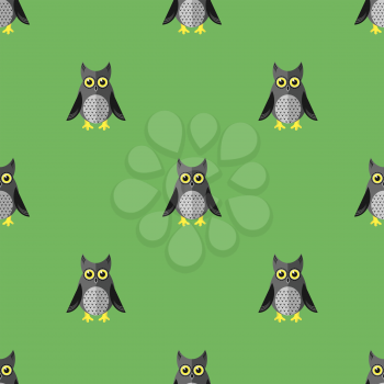 Cartoon Owl Seamless Pattern on Green Background
