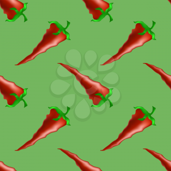 Hot Red Peppers Seamless Pattern on Green Background