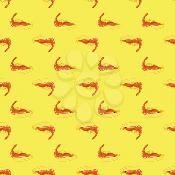 Cooked Red Shrimps Seamless Pattern on Yellow Background. Exquisite Sea Food.