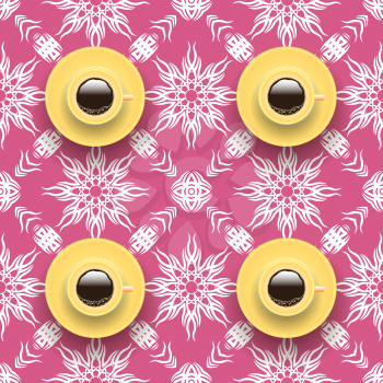 Cups of Coffee on Pink Ornamental Background