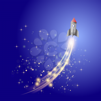 Space Rocket on Blue Sky Background . Launching Spacecraft.