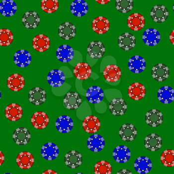 Gambling Plastic Colored Chips Seamless Pattern on Green Cloth Background