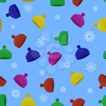 Colorful Winter Knitted Hat Seamless Pattern with Snowflakes on Blue Background