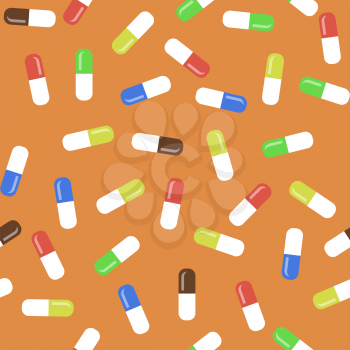 Colored Pills Isolated on Orange Background. Seamless Medical Pattern