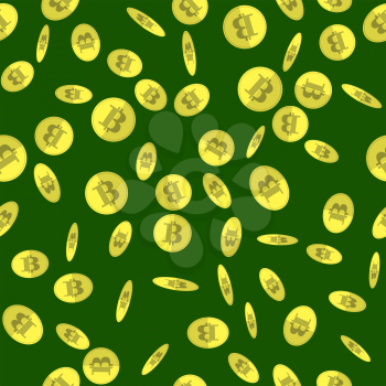 Gold Bitcoin Seamless Pattern on Green Background