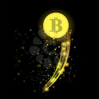 Golden Bitcoin Isolated on Black Background. Crypto Currency Icon